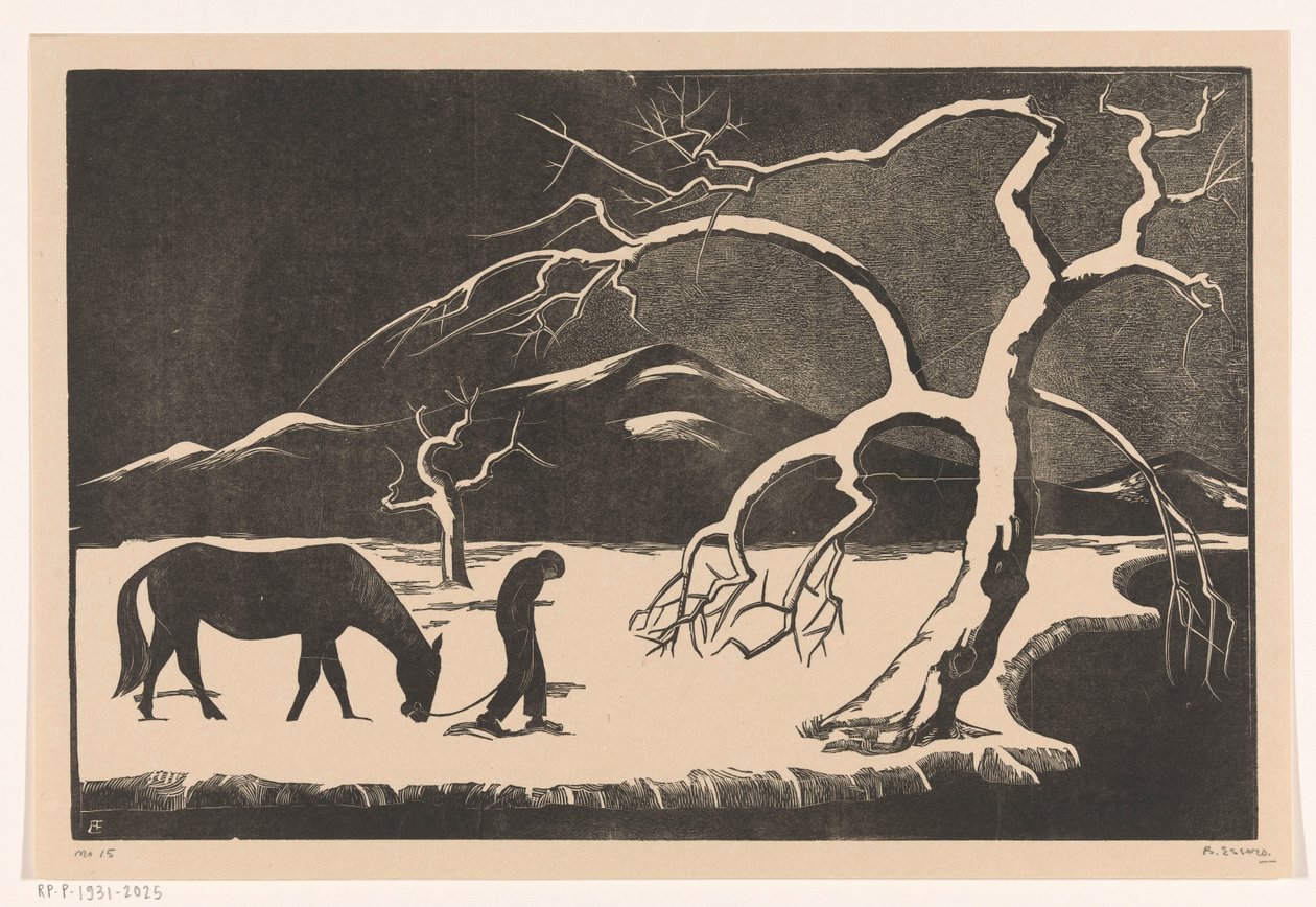 Muž s koněm ve sněhu od Bernard Essers (signed by artist)