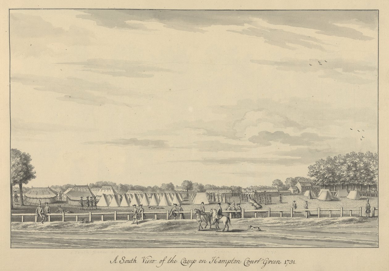 Jižní pohled na tábor na Hampton Court Green 1731, 1731-33 (pero a černý inkoust a mytí na položený papír) od Bernard III Lens