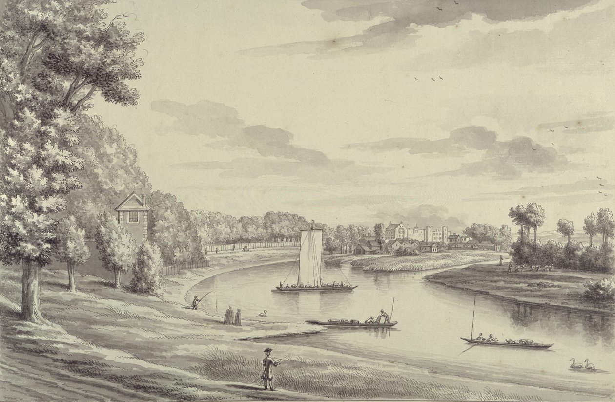 Západní pohled na Hampton Court Ferry a Hampton Church na dálku, 1731-33 (pero a černý inkoust a mytí na položený papír) od Bernard III Lens