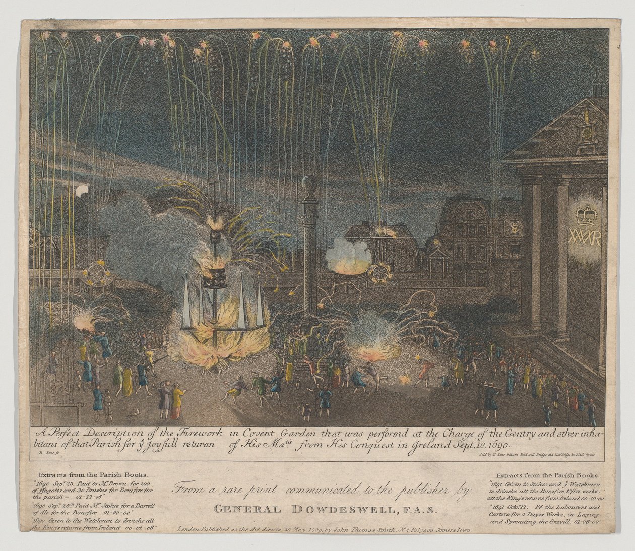 Ohňostroj v Covent Garden, 1809 (lept a akvatinta, ručně kolorováno) od Bernard II Lens