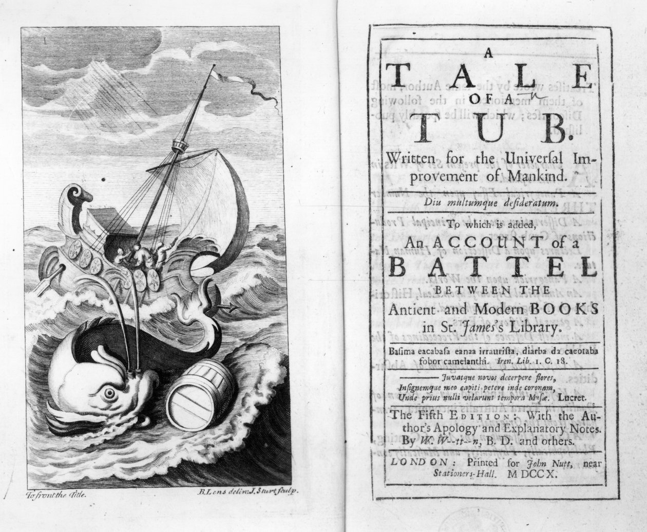 Frontispis a titulní strana k A Tale of a Tub od Jonathana Swifta, vyryto Johnem Sturtem, 1704 od Bernard II Lens