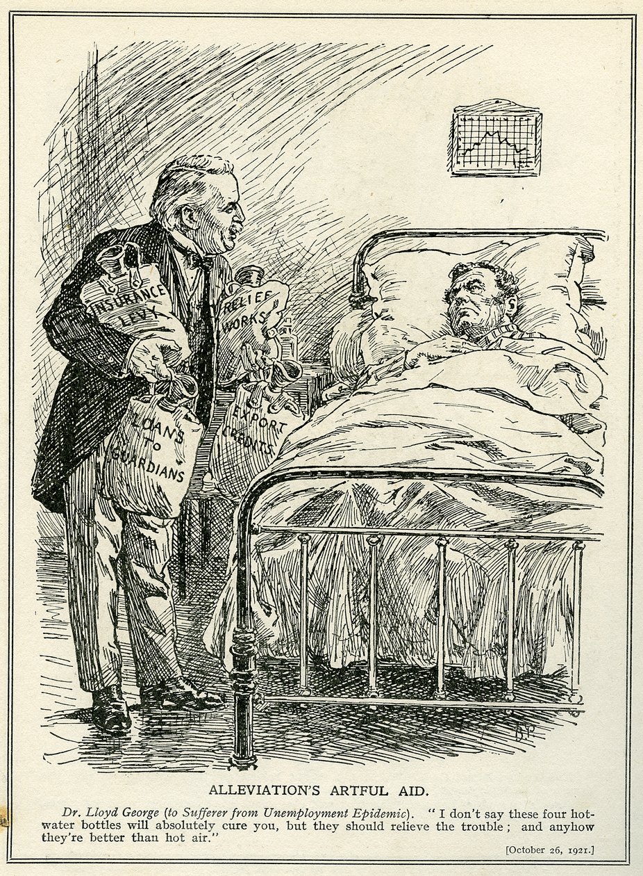 Dr Lloyd George navrhuje vyléčit postiženého z epidemie nezaměstnanosti pomocí čtyř lahví s horkou vodou, ‚Insurance Levy‘, ‚Relief Works‘, ‚Loans‘ a ‚Export Credits‘ od Bernard John Partridge
