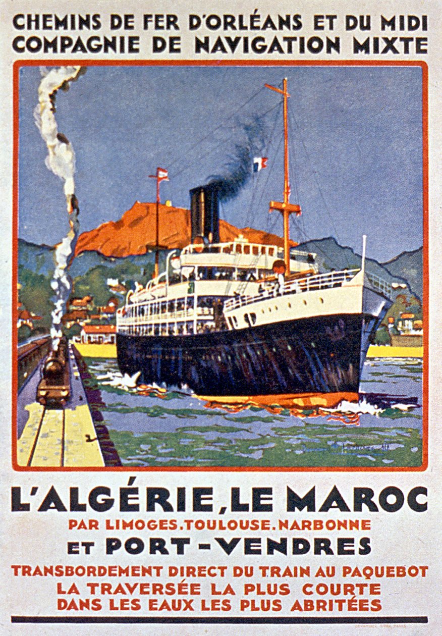Reklamní plakát na francouzskou železnici do Alžírska a Maroka z Francie přes Limoges Toulouse Narbonne a Port Vendres, cca 1900. od Bernard Lachevre