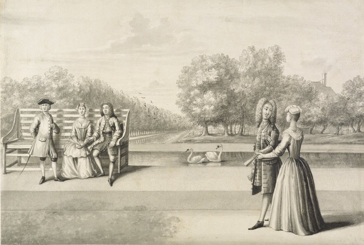 Postavy na břehu Long Water, palác Hampton Court (šedé omytí perem a inkoustem přes tužku na papíře) od Bernard Lens