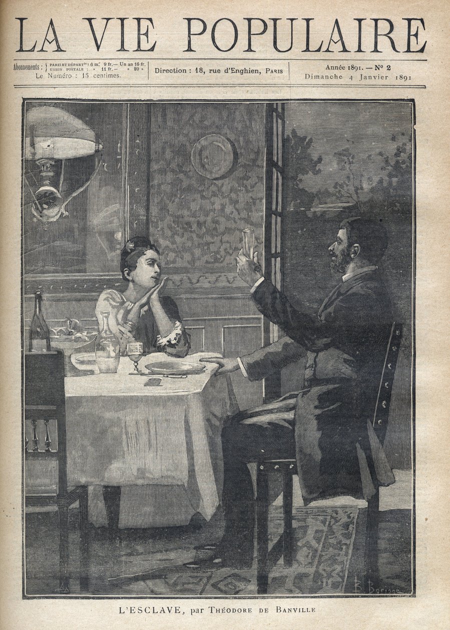 Žena láskyplně a s obdivem naslouchá řeči muže sedícího před ní při večeři v páru. Ilustrace B. Borioneho „Otroka“ od Theodora de Banville (1823-1891). Rytina z roku 1891 v „La vie populaire““. vojín plk od Bernard Louis Borione