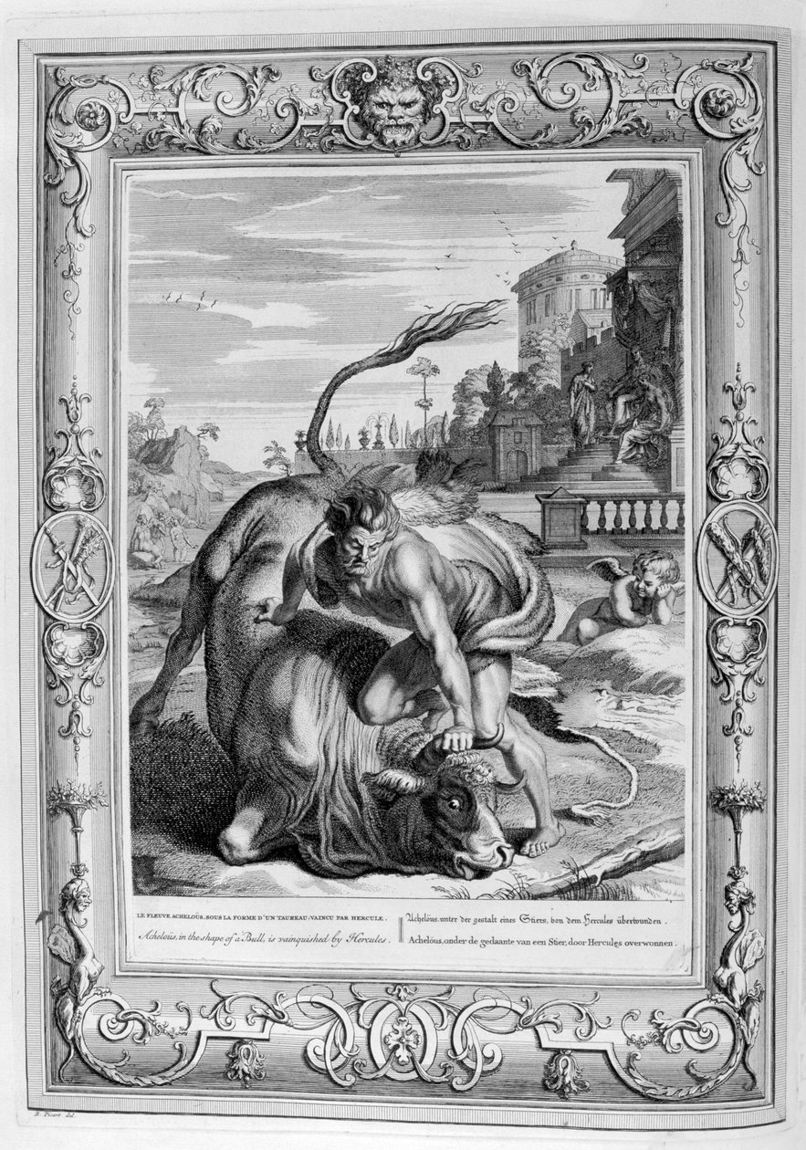 Achelous ve tvaru býka je poražen Herkulesem, 1733 od Bernard Picart