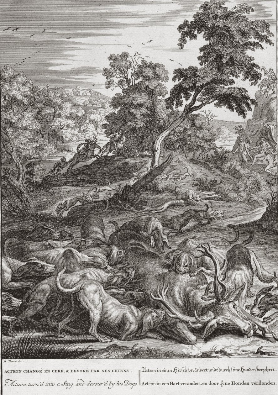 Actaeon se v roce 1731 proměnil v jelena a pohltil ho jeho psi od Bernard Picart