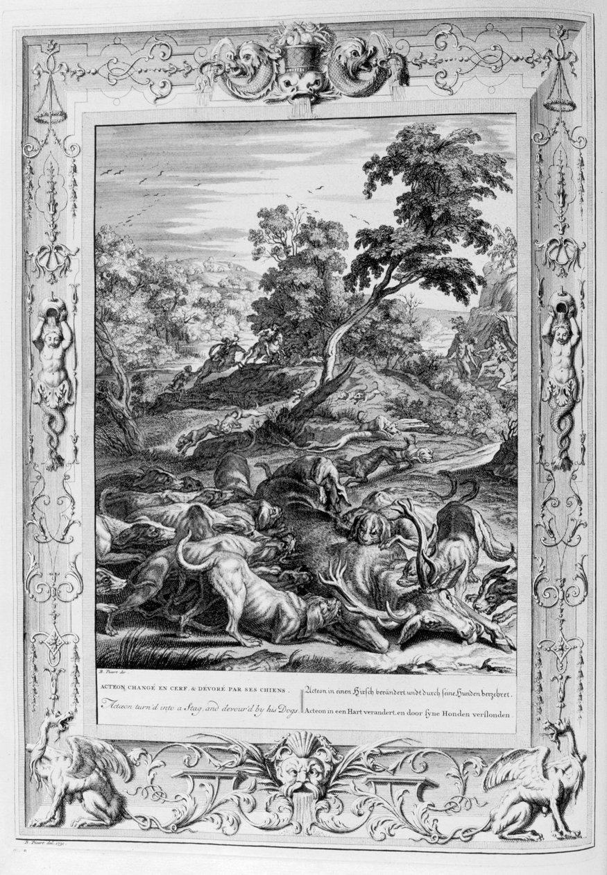 Actaeon se v roce 1733 proměnil v jelena a pohltil ho jeho psi od Bernard Picart