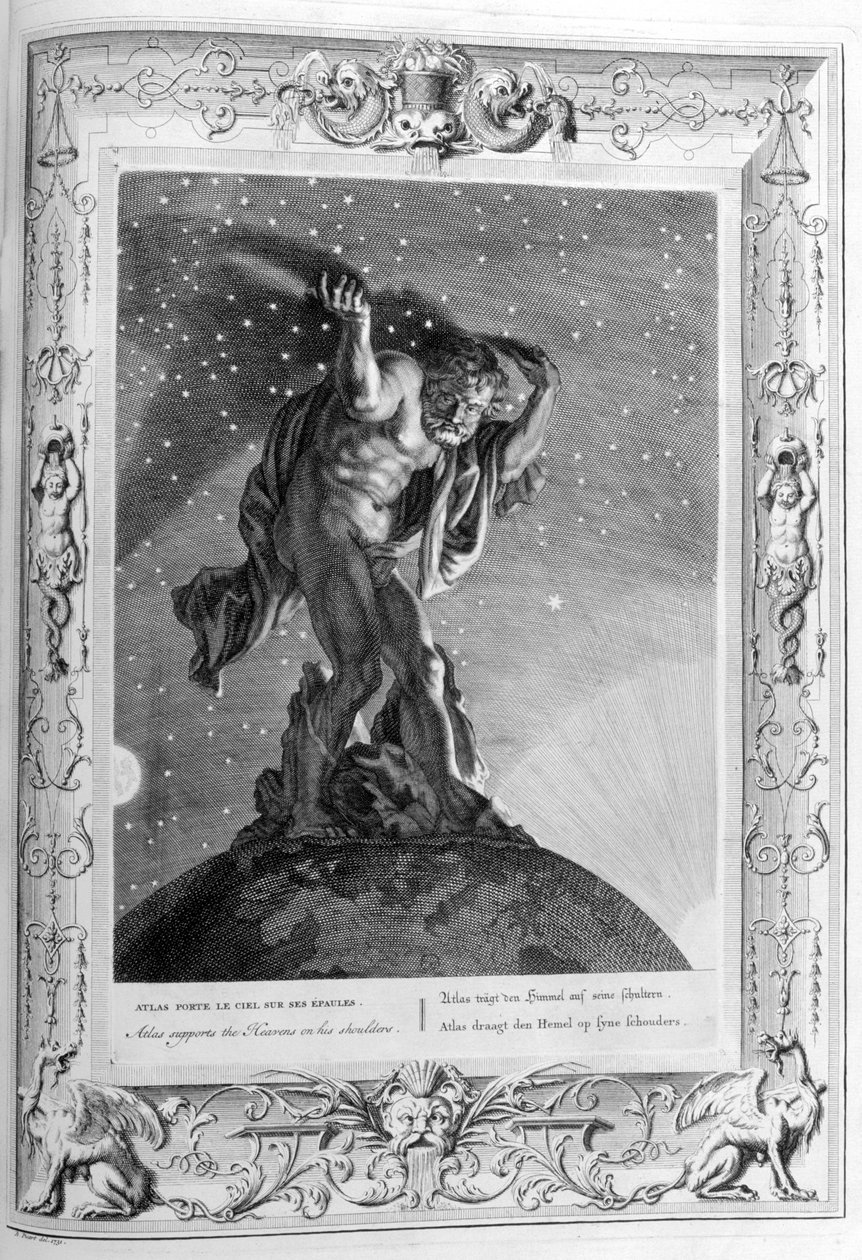 Atlas podpírá nebesa na svých ramenou, 1733 od Bernard Picart