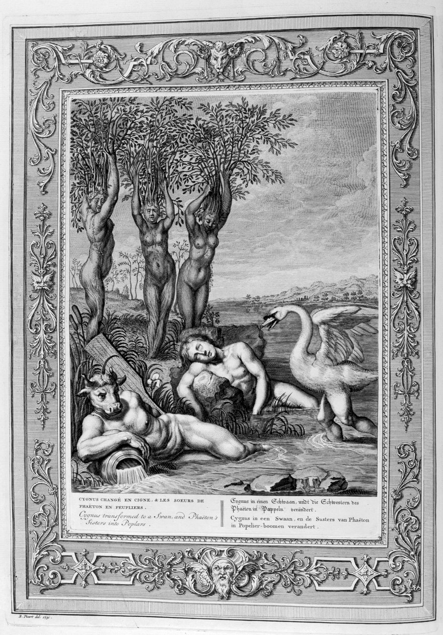Cygnus se proměnil v labuť a sestry Phaetonovy v topoly, 1733 od Bernard Picart