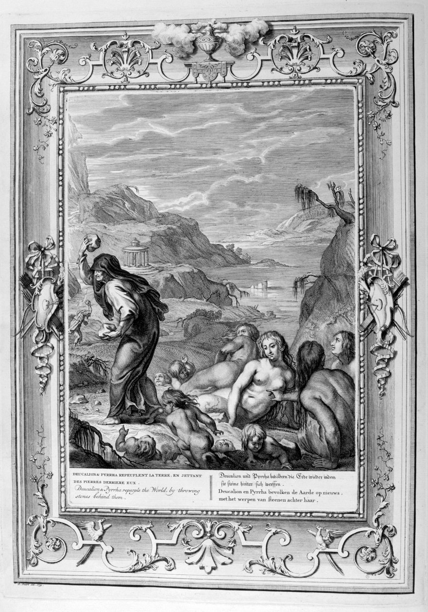 Deucalion a Pyrrha napodobují svět tím, že za ně hází kameny, 1733 od Bernard Picart