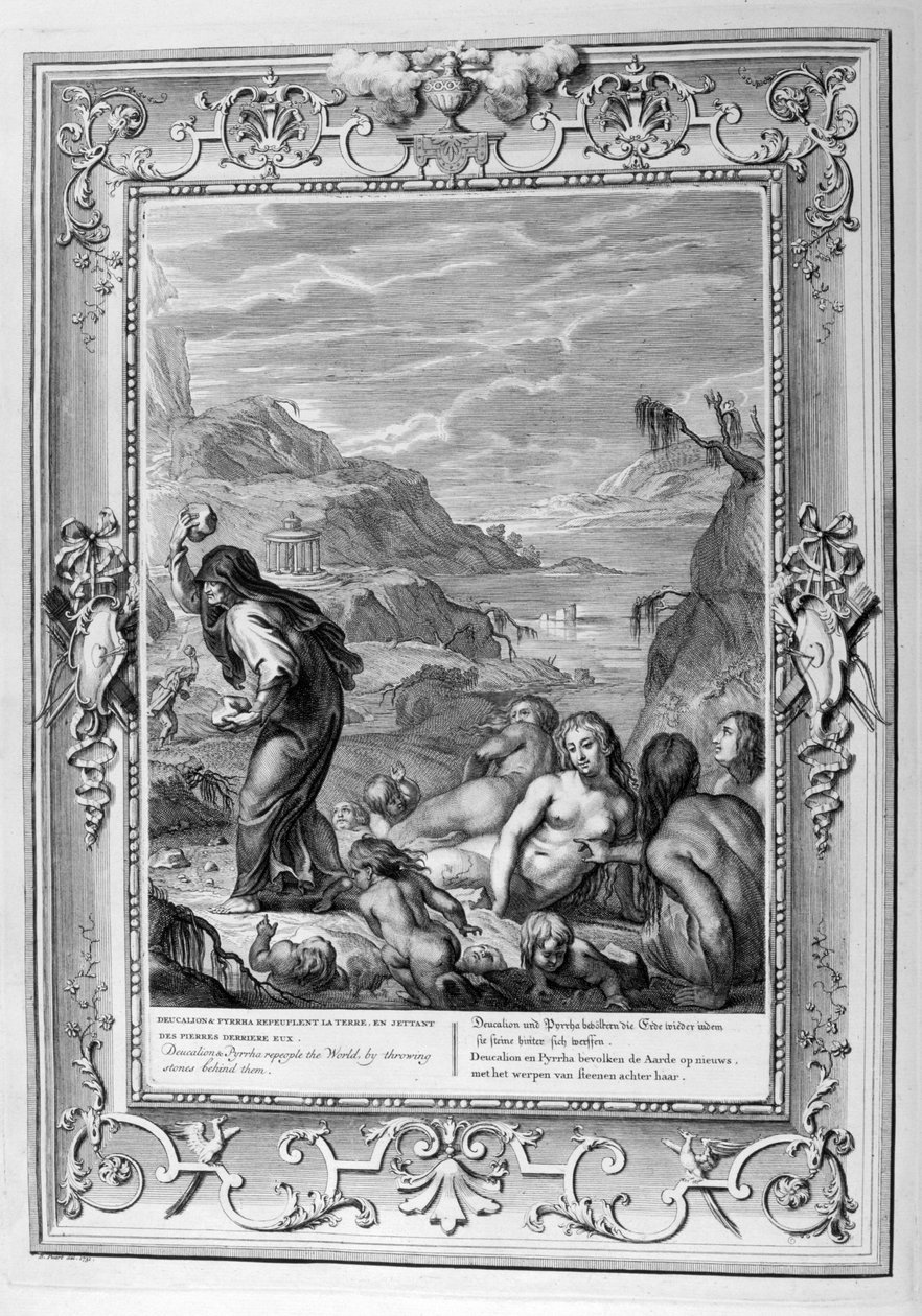 Deucalion přežije potopu se svou ženou Pyrrhou (rytina) od Bernard Picart