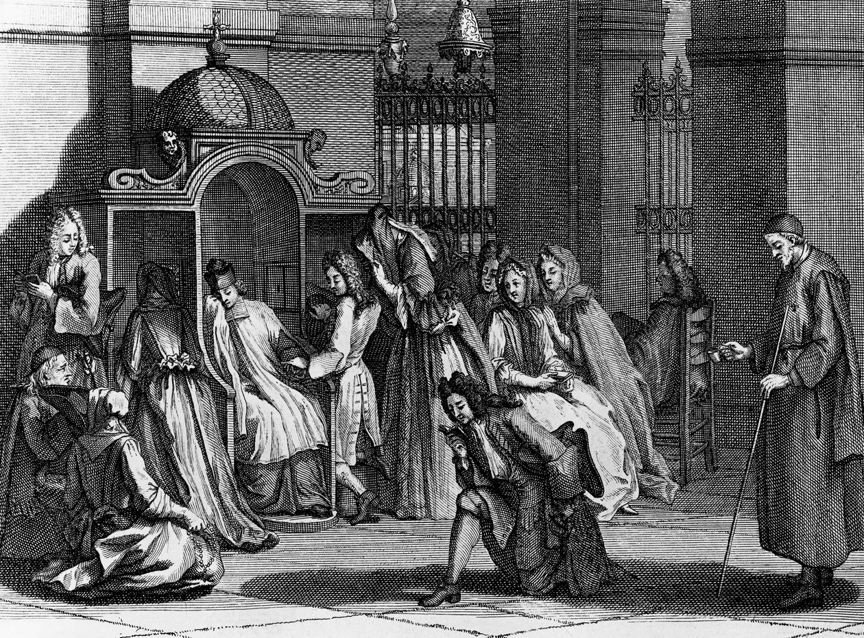 Věrné čekání před zpovědnicí, rytina Bernarda Picarta (1673-1733) z Náboženské obřady a obyčeje všech národů světa od Bernard Picart