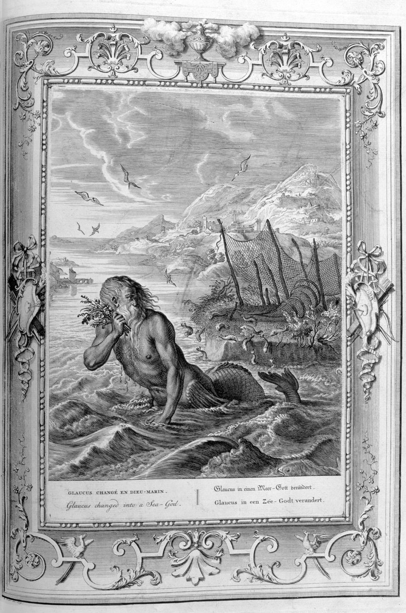 Glaucus se mění z člověka na boha moře (rytina) od Bernard Picart