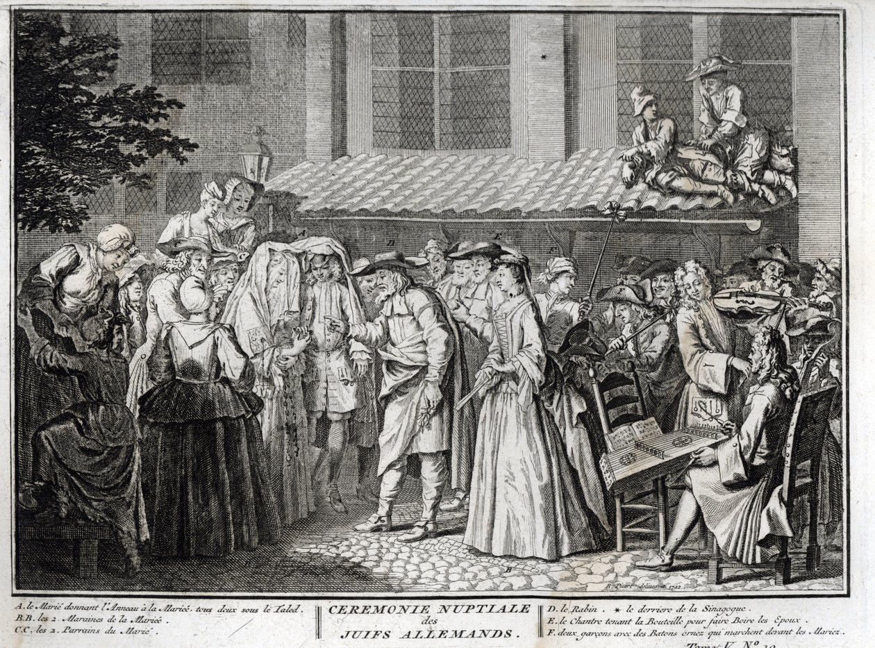 Židovská svatba v židovské německé komunitě Rytina z „“ Illustration de ceremonies et zvyk religieuses de les peuples du monde“ od Bernarda Picarta (1723-1743) 1819 Soukromá sbírka od Bernard Picart