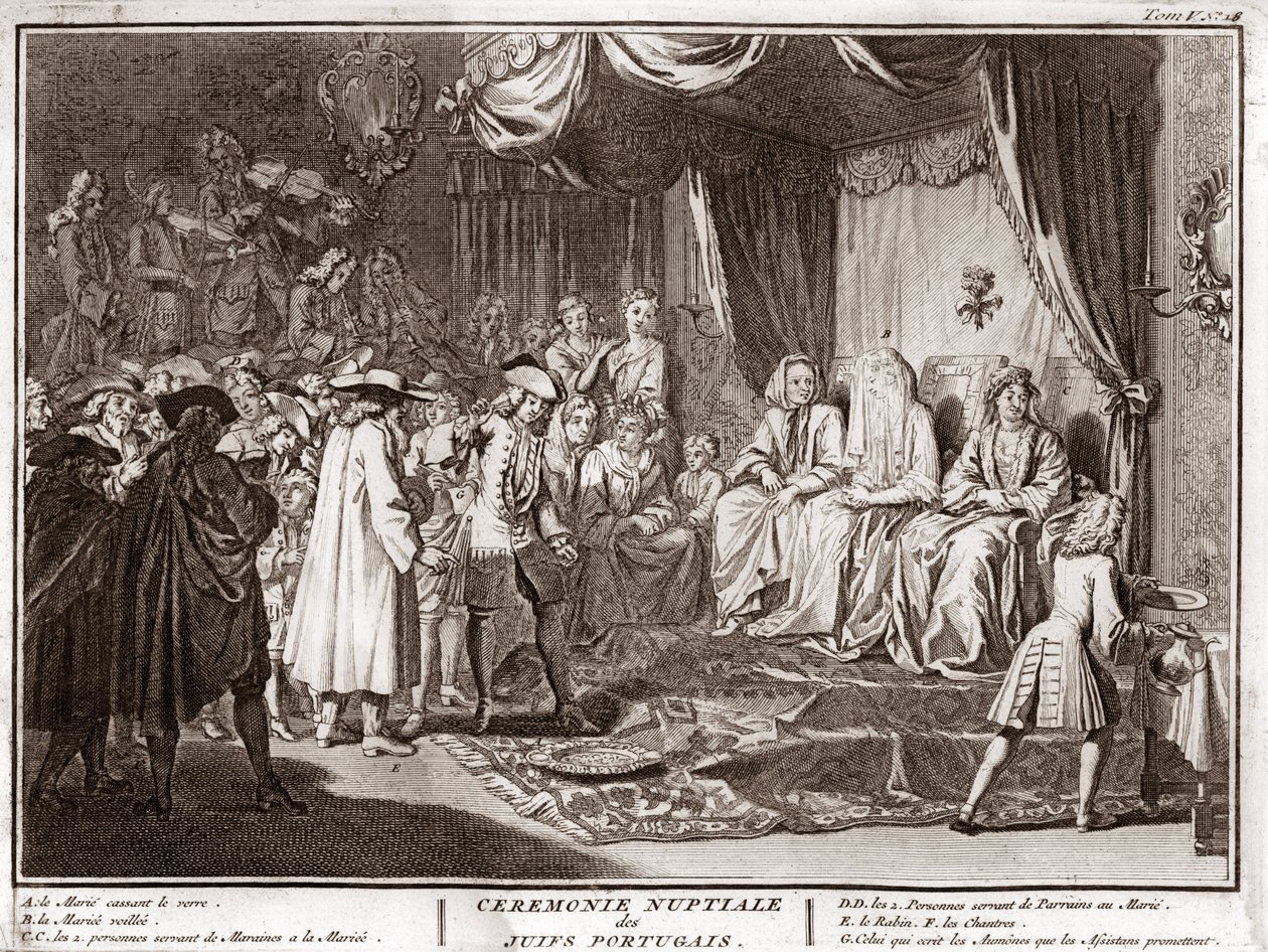 Židovská svatba v židovské portugalské komunitě Rytina z „“ Ilustrace obřadů a náboženských zvyků všech národů světa““ od Bernarda Picarta (1723-1743) 1819 Soukromá sbírka od Bernard Picart