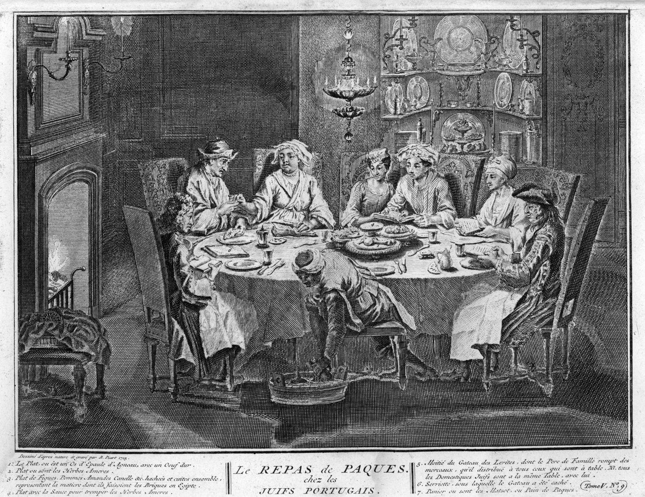 Judaismus: Svátek Pesach (neboli Pesach) v židovské portugalské komunitě Rytina z „“ Illustration de ceremonies et zvyk religieuses de tous les peuples du monde““ od Bernarda Picarta (1723-1743) 1819 Soukromá sbírka od Bernard Picart