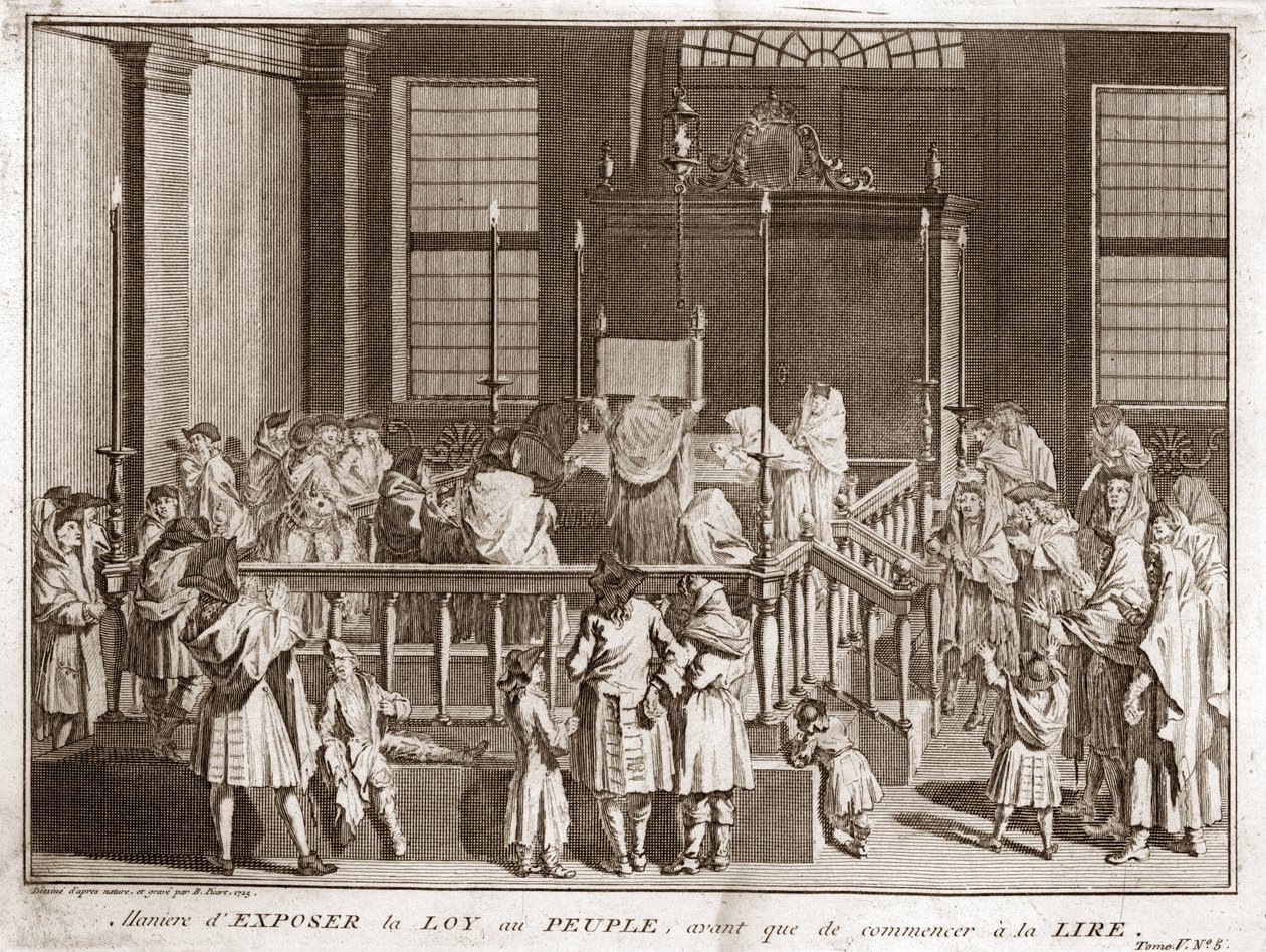 Judaismus: vystavení Tóry v synagoze před čtením) Rytina z „“ Illustration de ceremonies et zvyk religieuses de tous les peuples du monde““ od Bernarda Picarta (1723-1743) 1819 Soukromá sbírka od Bernard Picart