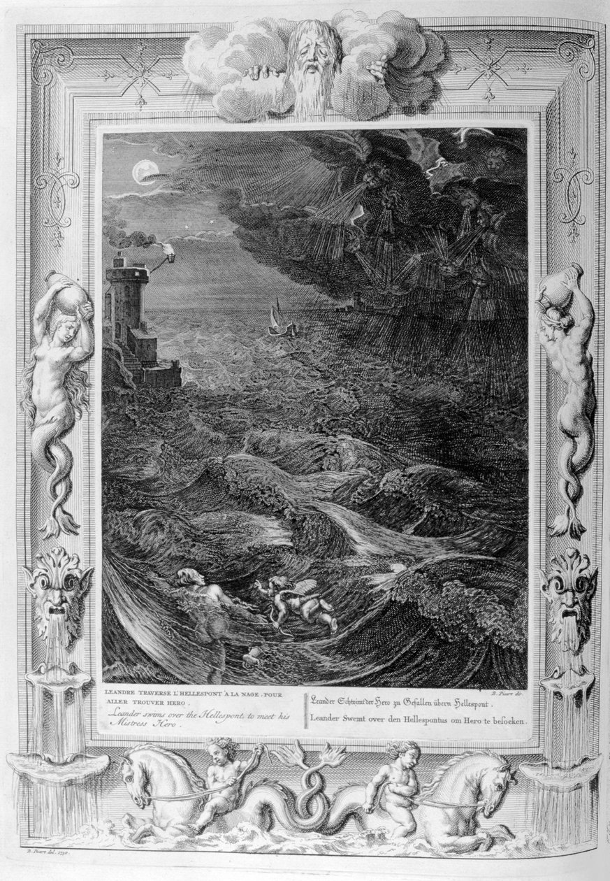 Leander plave přes Hellespont, aby potkal svou hrdinku paní, 1733 od Bernard Picart