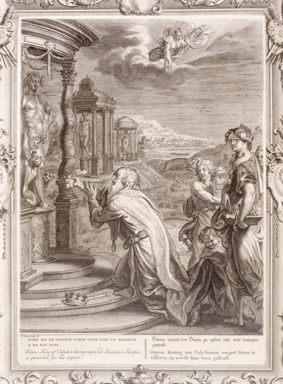Oeneus, král Kalydonu, který při obětování zanedbal Dianu, je potrestán za svou bezbožnost, 1731 od Bernard Picart