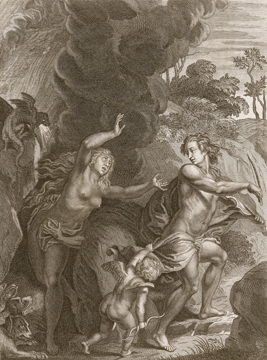 Orfeus, který vyvádí Eurydiku z pekla, se za ní ohlédne a navždy ji ztratí, 1731 od Bernard Picart