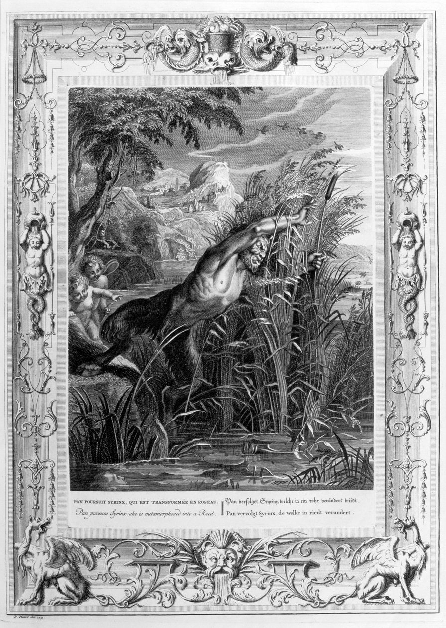 Pan pronásleduje Syrinx, která se promění v rákos, 1733 od Bernard Picart