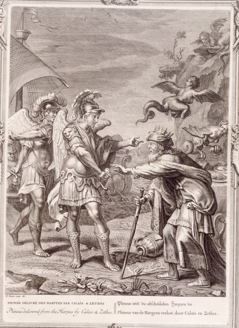 Phineus je vysvobozen z Harpyjí od Calaise a Zethese, 1731 od Bernard Picart