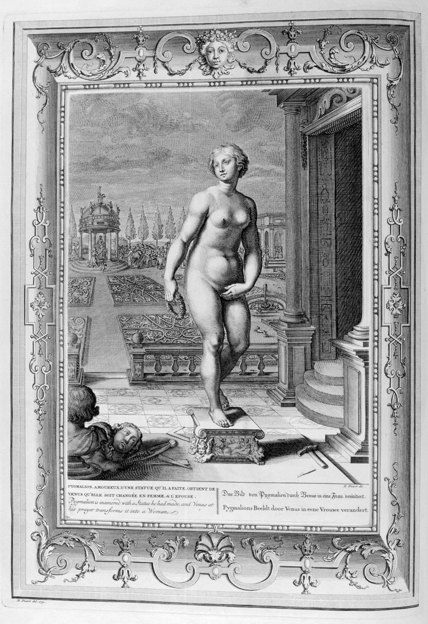 Pygmalion je zamilovaný do sochy, kterou vyrobil, 1733. od Bernard Picart