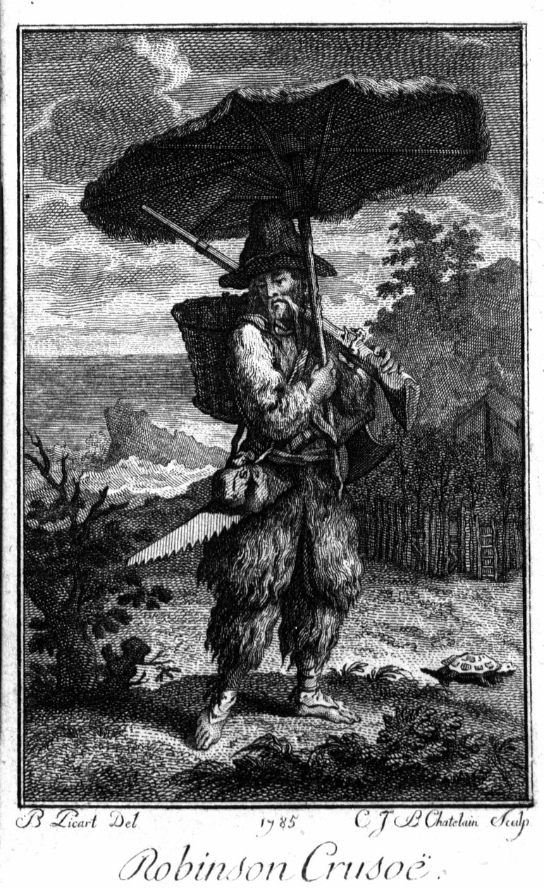 Zastoupení Robinsona Crusoe na jeho ostrovní poušti. Rytina Bernarda Picarta (1673-1733) ilustrující román Daniela Defoe nebo De Foe (1660-1731) od Bernard Picart
