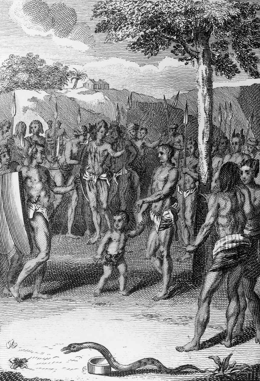 Rituální obřad s hadem v popředí, Guinea, z Histoire Generale des Ceremonies, moeurs, et coutumes religionness de tous les peoples du monde, Antoine Banier (1673-1741) a Jean Baptiste Le Mascrier (1697-1760) od Bernard Picart