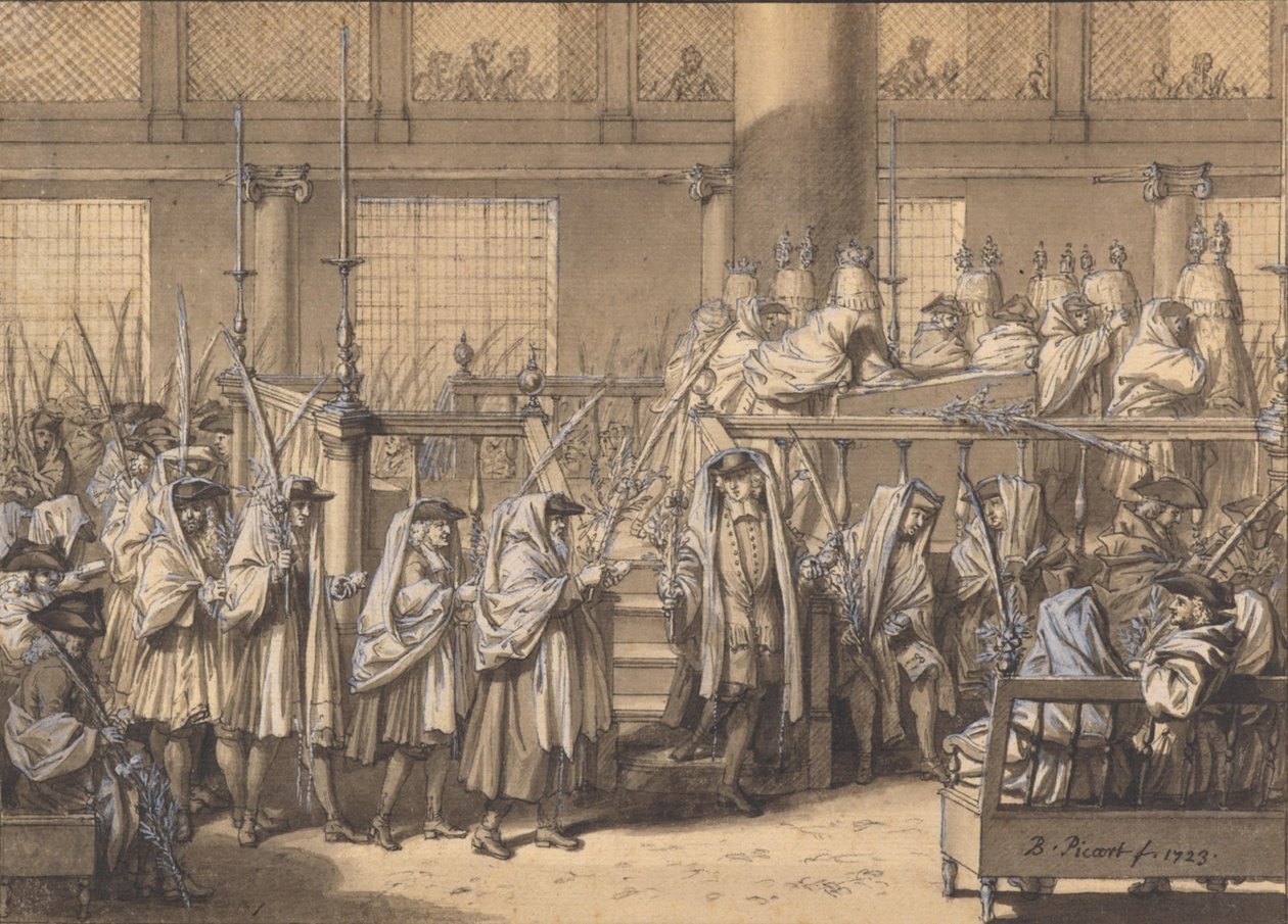 Průvod s palmovými ratolestmi během svátku stánků v portugalské synagoze v Amsterodamu od Bernard Picart