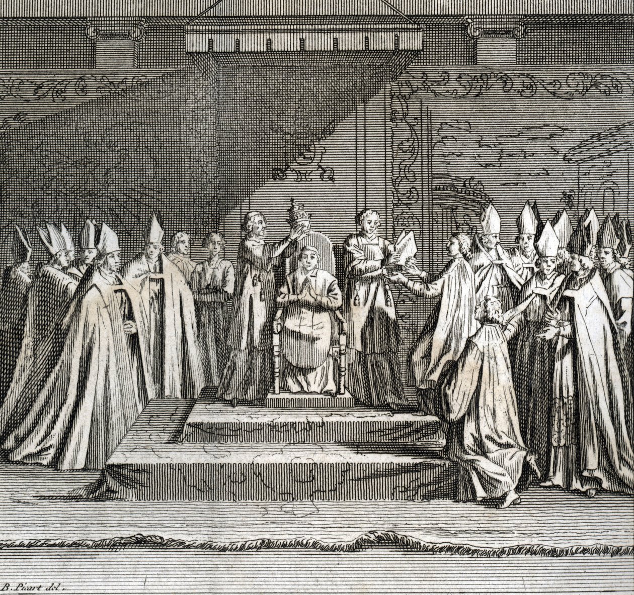 Slavnostní inaugurace pontifikátu „“ Representation du coronation du pope““ (papežská inaugurace: korunovace papeže) Rytina z „“ Ilustrace obřadů a náboženských zvyků všech národů světa““ od Bernarda Picarta (1723-1743) od Bernard Picart