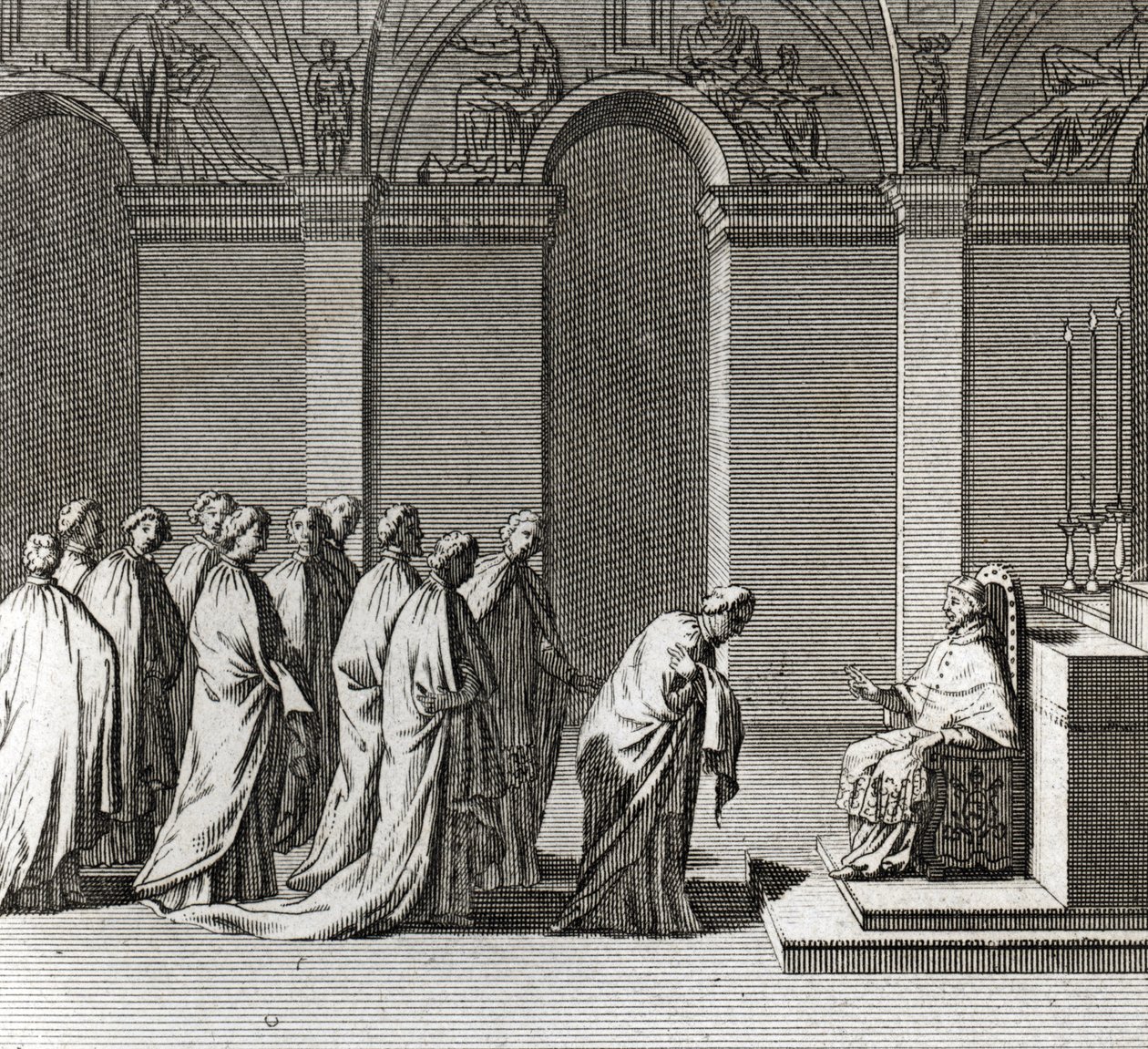 Slavnostní inaugurace pontifikátu: „“ Klanění papeže v Sixtinské kapli““ (Papežská inaugurace: Uctívání papeže v Sixtinské kapli) Rytina z „“ Ilustrace obřadů a náboženských zvyků všech národů světa““ od Bernard Picart