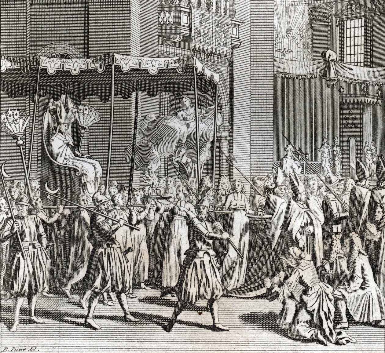 Slavnostní inaugurace pontifikátu: spálení látky) Rytina z „Illustration de ceremonies et celní religieuses de tous les peuples du monde“ od Bernarda Picarta (1723-1743) 1819 Soukromá sbírka od Bernard Picart