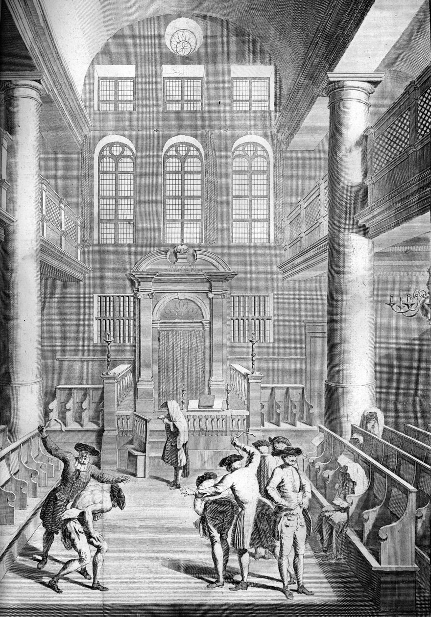 „Pokání německých Židů v jejich synagoze“, bičování na Jom Kippur, Den smíření – Scéna se pravděpodobně odehrává v Amsterdamu, v aškenázské synagoze (Bičování na Jom Kipur, den smíření – Pokání Němců Žid od Bernard Picart