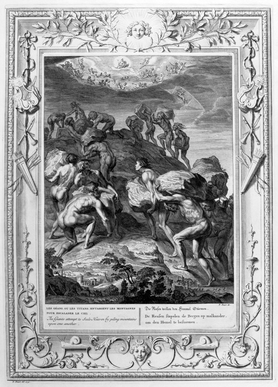 Obři se pokoušejí překonat Nebe tím, že na sebe naskládají hory, 1733 od Bernard Picart