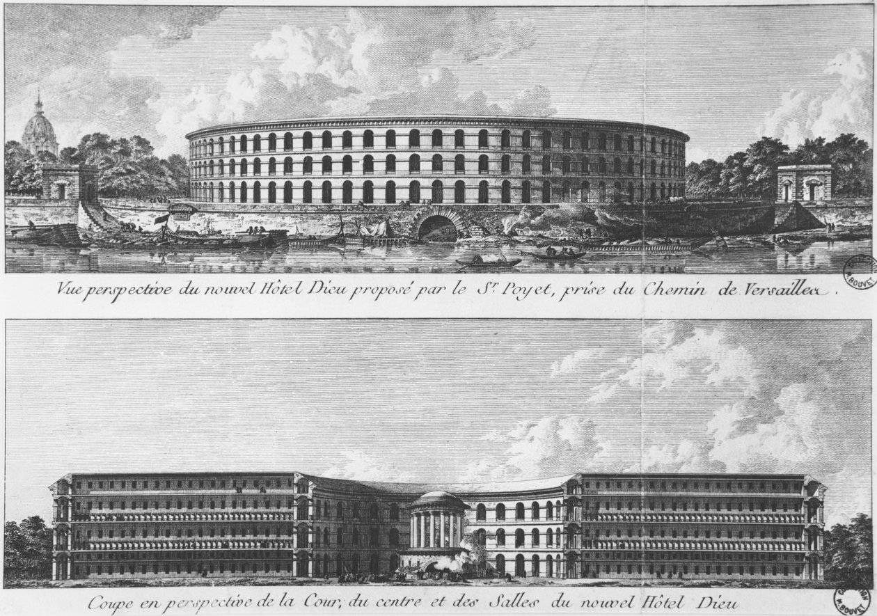 Projekt převodu nového hotelu-Dieu na Ile aux Cygnes, Paříž, kolem roku 1787 (černobílá fotografie) od Bernard Poyet