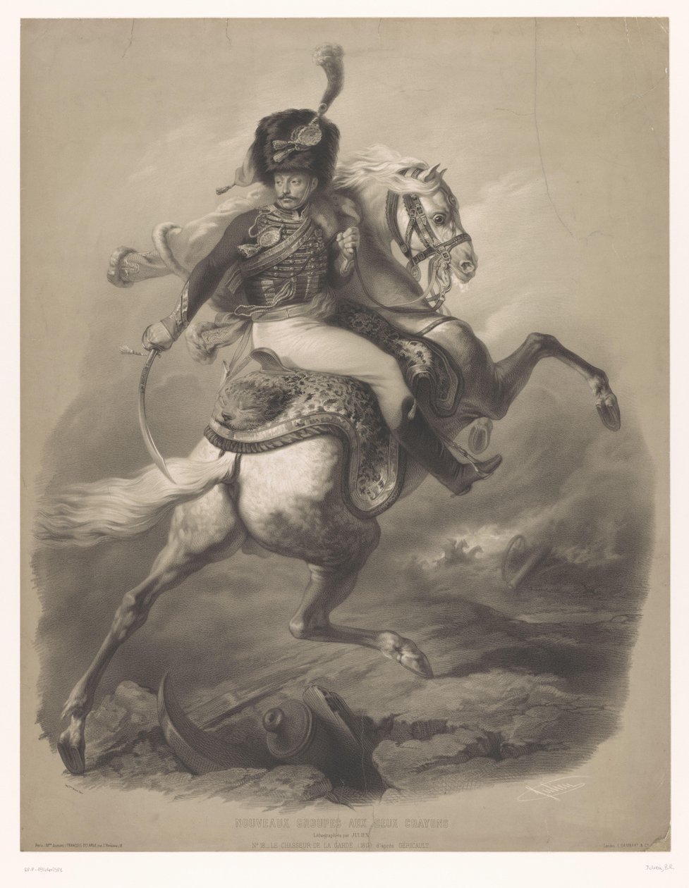 Útočný důstojník na koni Le chasseur de la garde (titul na objektu) Nové litografie se dvěma druhy křídy (název série) Nouveaux skupiny aux deux pastelky (název série na předmětu) od Bernard Romain Julien
