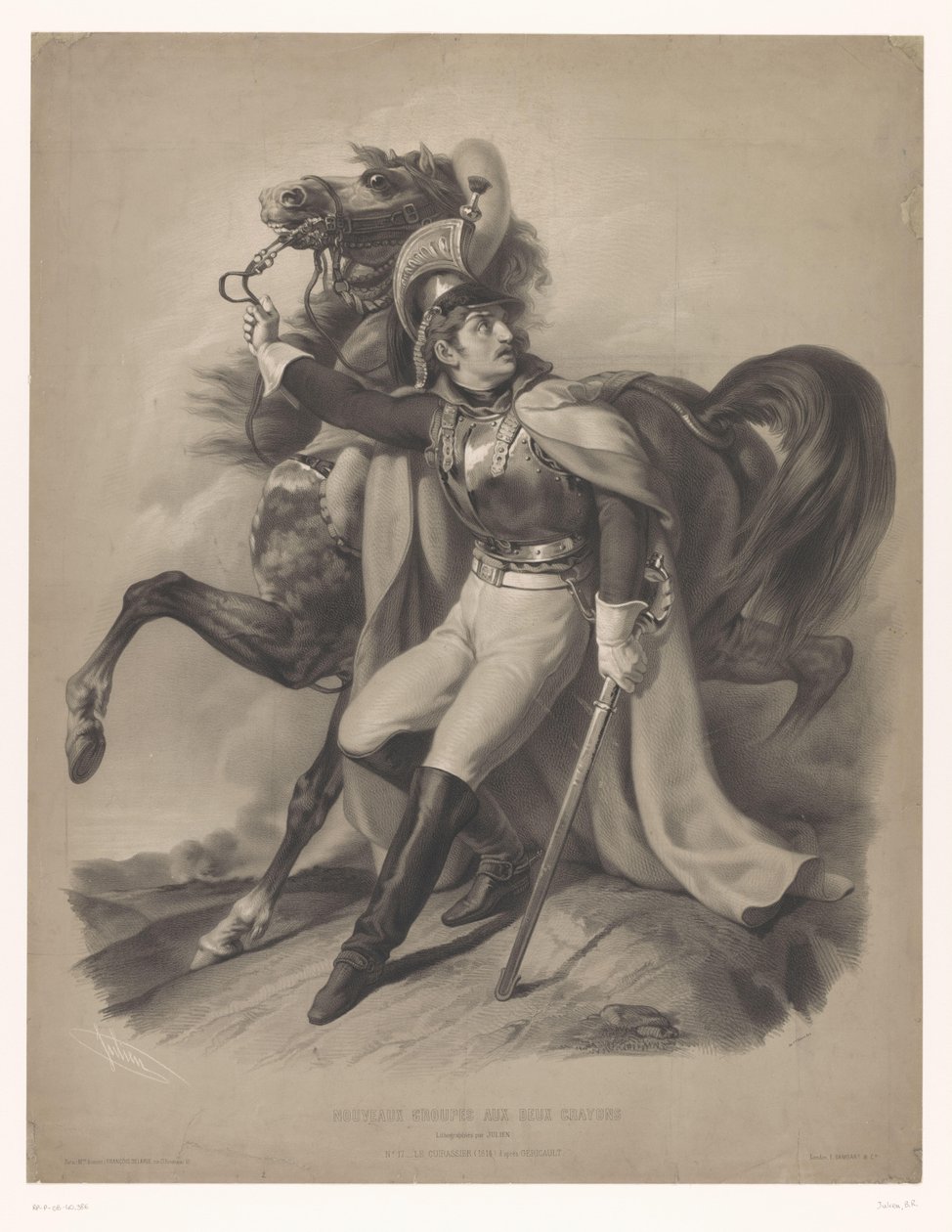 Cussier vedle svého koně Le cuirassier (název na předmětu) Nové litografie se dvěma druhy křídy (název série) Nouveaux skupiny aux deux pastelky (název série na předmětu) od Bernard Romain Julien