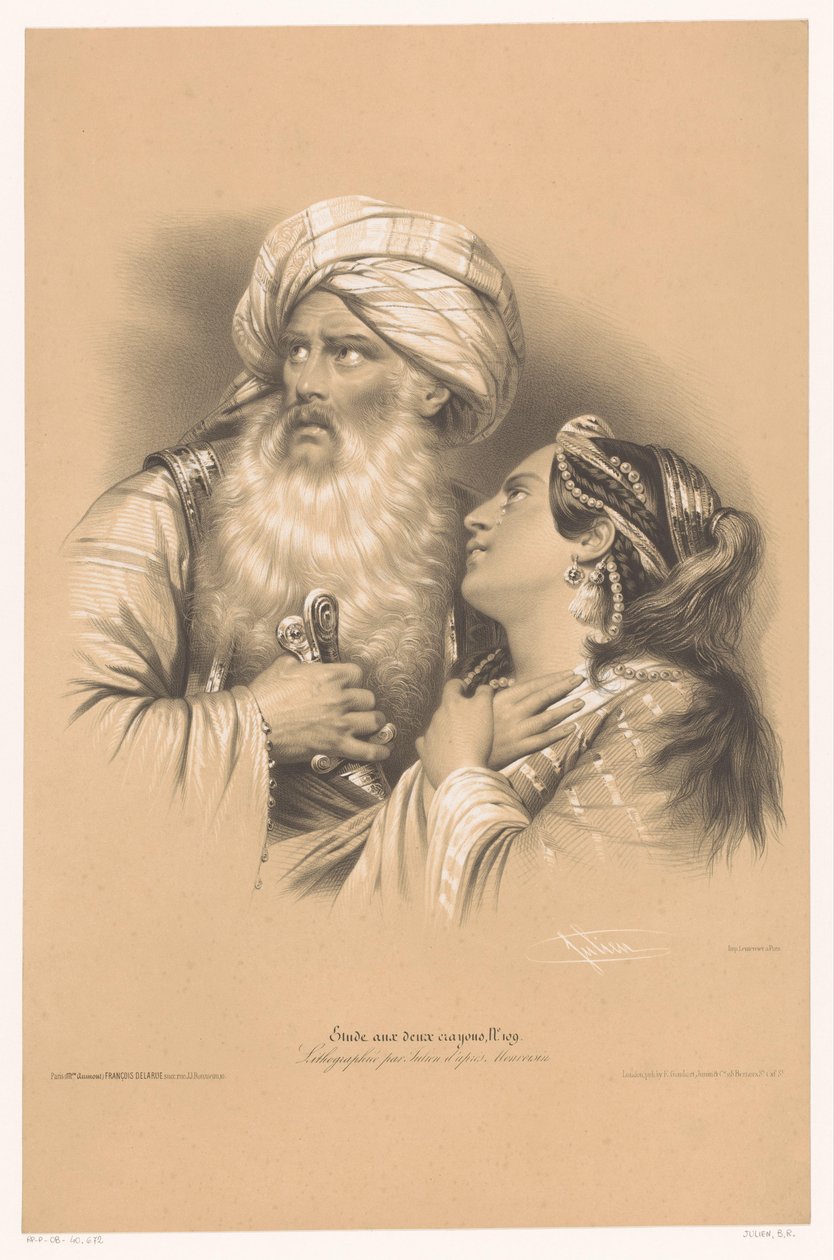 Muž s turbanem a plačící žena Studie ve dvou typech křídy (název série) Etude aux deux Crayons (název série na objektu) od Bernard Romain Julien