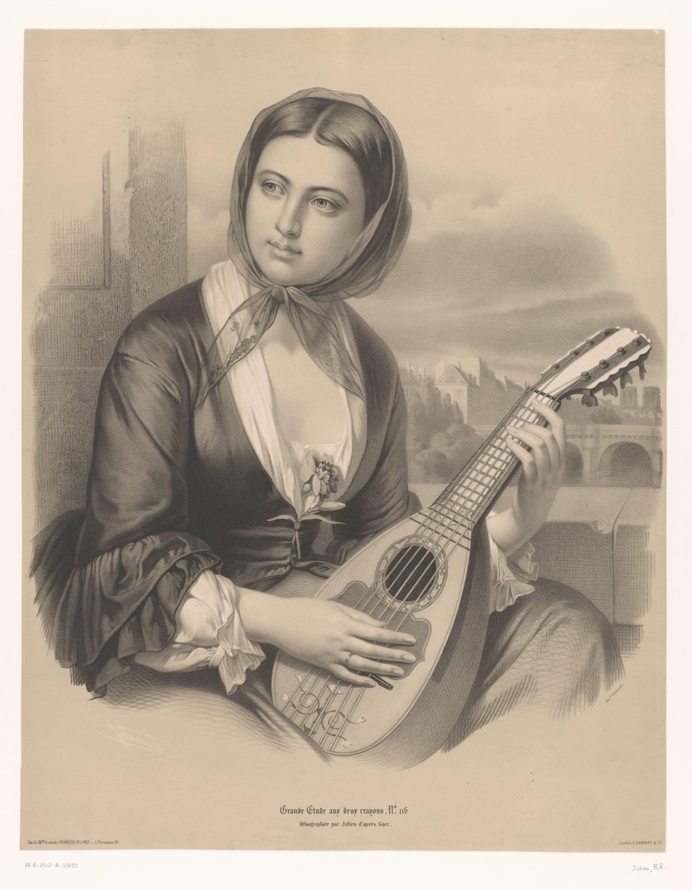Žena hrající na mandolínu Velké studie ve dvou typech křídy (název série) Pastelky Grande étude aux deux (název série na předmětu) od Bernard Romain Julien