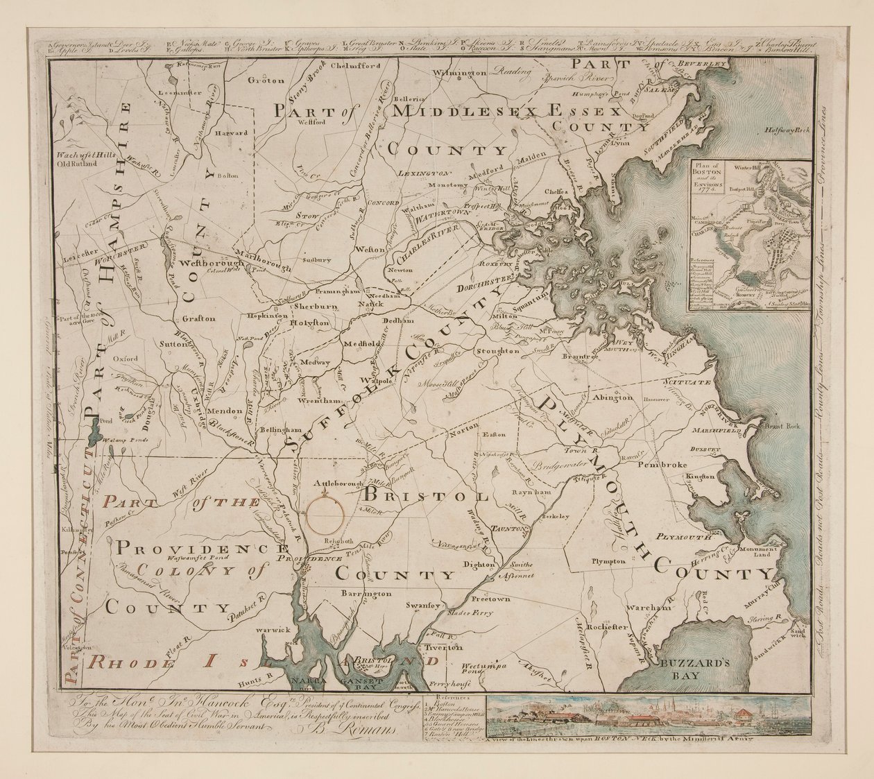 Mapa Bostonu a okolí, ca. 1775 od Bernard Romans