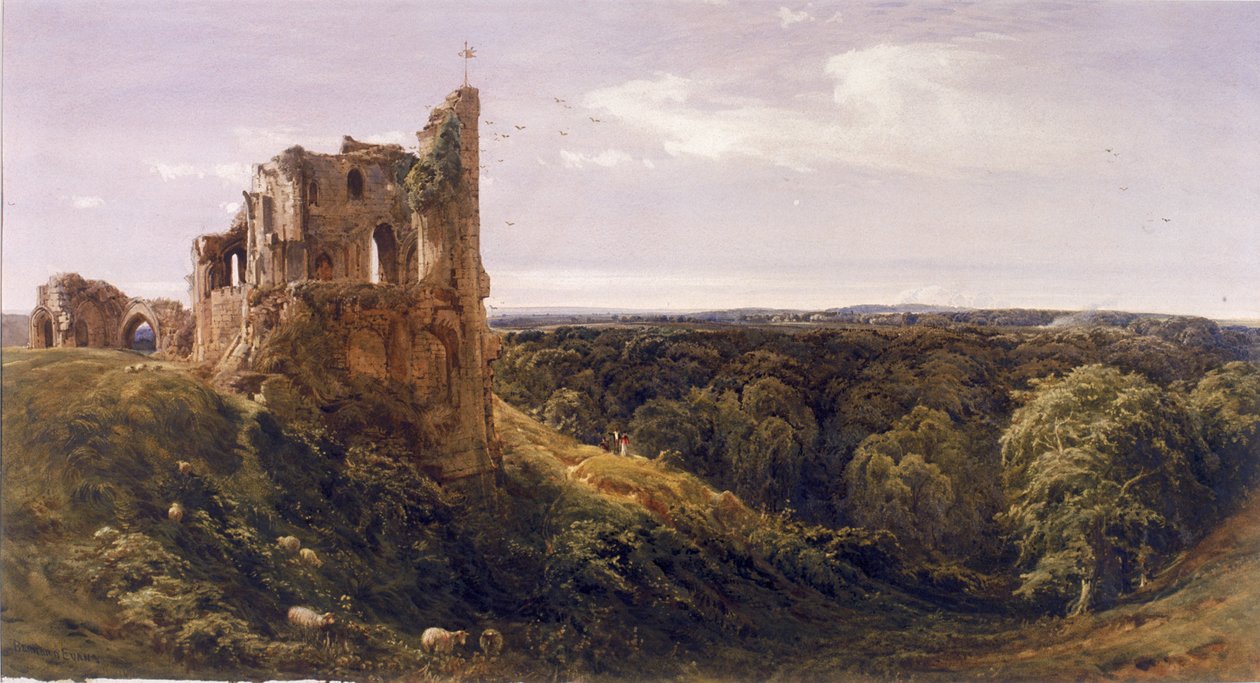 Zřícenina hradu v krajině (Knaresborough Castle) (akvarel na papíře) od Bernard Walter Evans