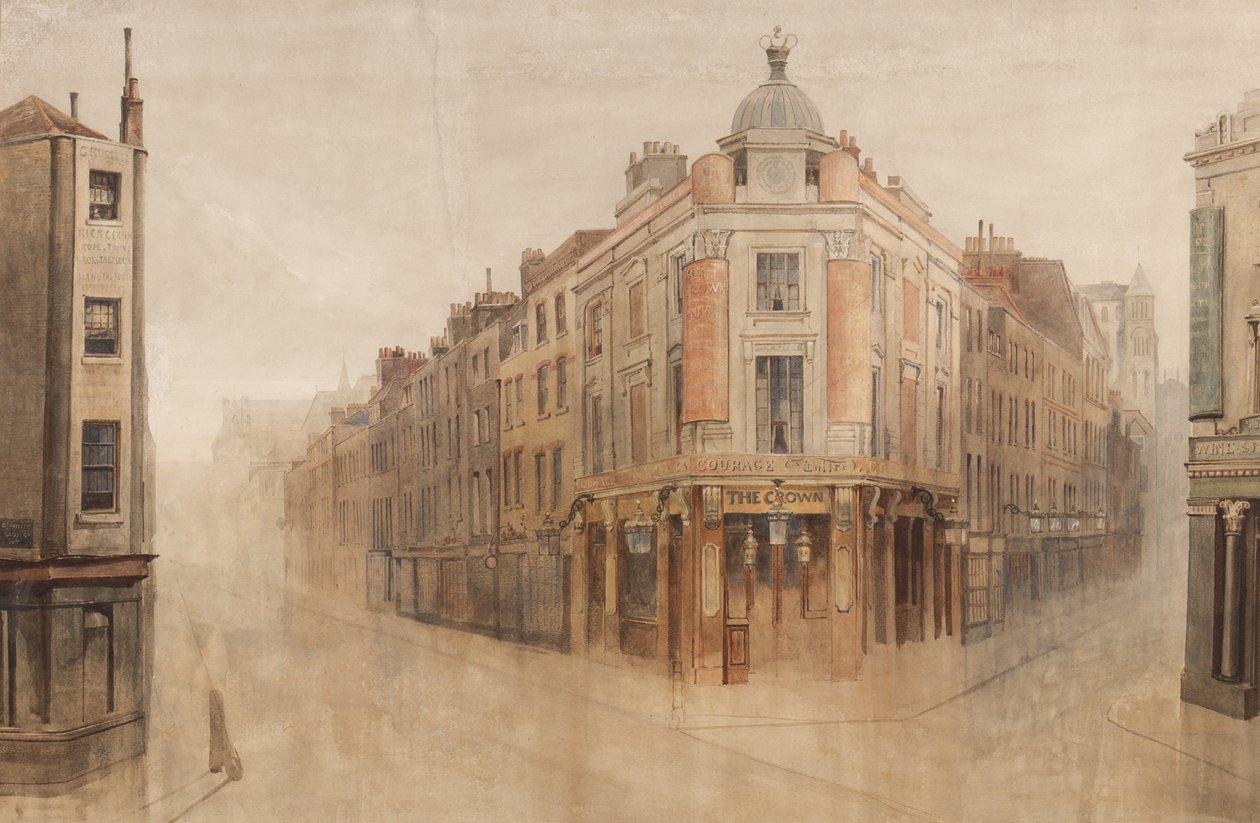 The Crown, roh Great White Lion Street, nyní Mercer Street, a Monmouth Street, Seven Dials, Londýn (wc na papíře) od Bernard Walter Evans