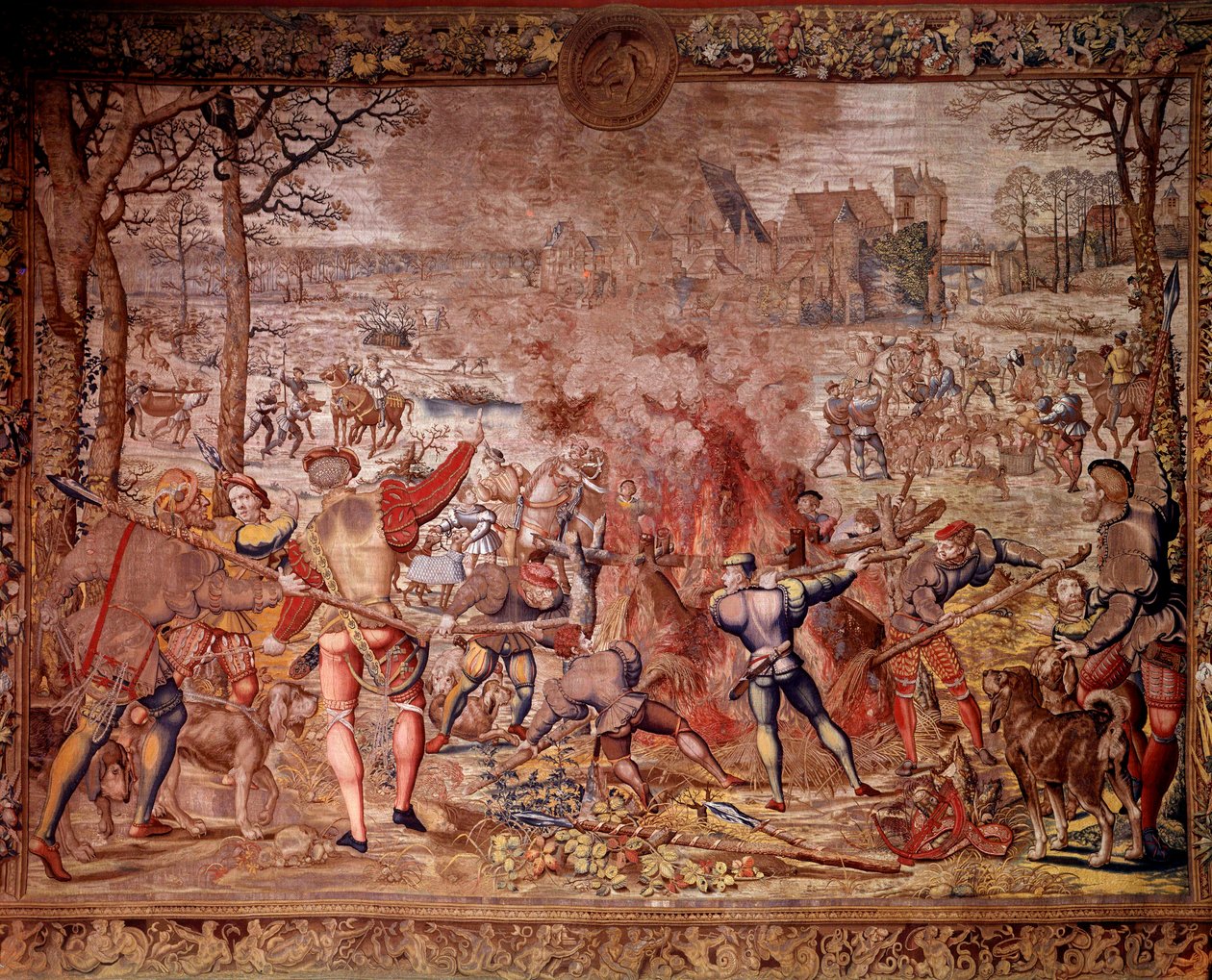 Maximilienovy hony zvané „Krásné hony na masku“: měsíc leden, Vodnář, lov divočáků, flambee, cure – Tapiserie vyrobená ve vlámských dílnách Bernardem van Orleym (Barend, Barent, Bernaert van Brussel od Bernard van (after) Orley
