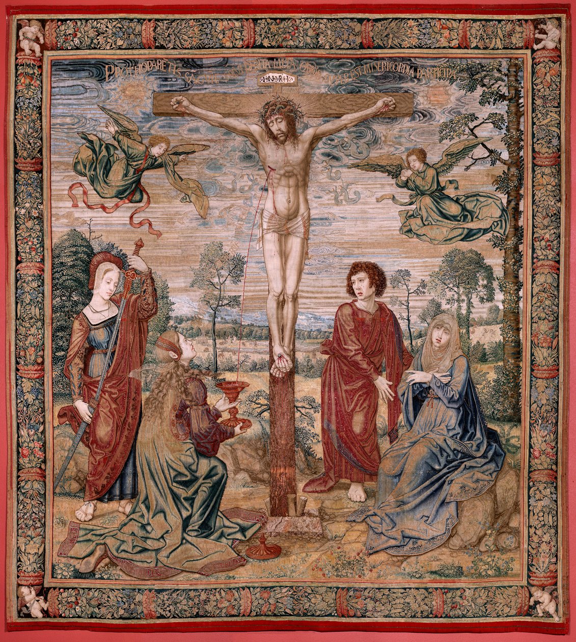 Vlámský gobelín. Série Dais of Charles V (Baldachýn Markéty Rakouské). Kristus milosrdenství (Cristo de la Misericordia). Tapiserie panel za pódiem. Model Bernard van Orley (1491-1542). Výroba Pieter de Pannemaker, Brusel. 1518-1524. Tkanina G od Bernard van Orley