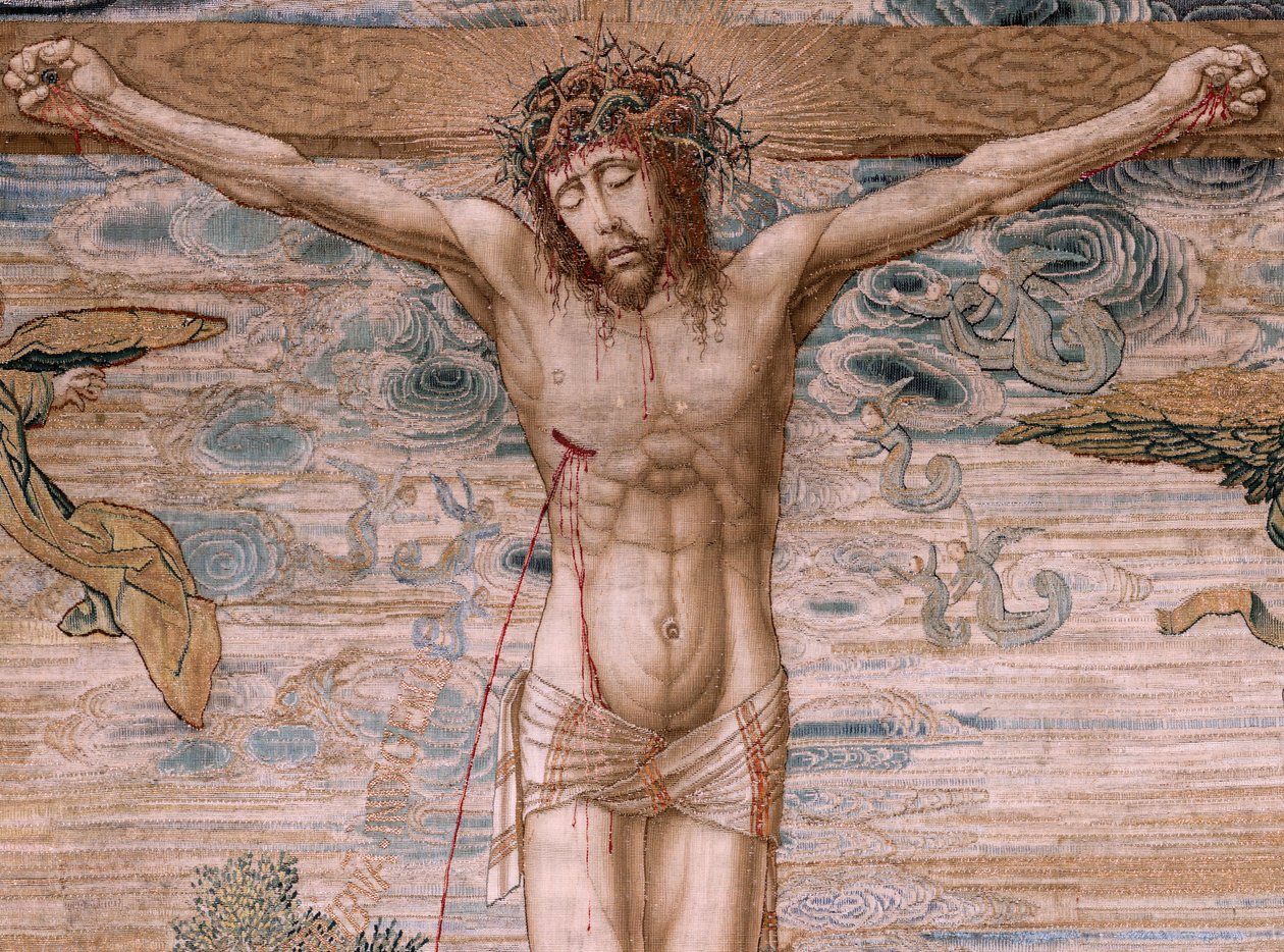 Vlámský gobelín. Série Dais of Charles V (Baldachýn Markéty Rakouské). Kristus milosrdenství (Cristo de la Misericordia). Tapiserie panel za pódiem. Model Bernard van Orley (1491-1542). Výroba Pieter de Pannemaker, Brusel. 1518-1524. Tkanina G od Bernard van Orley