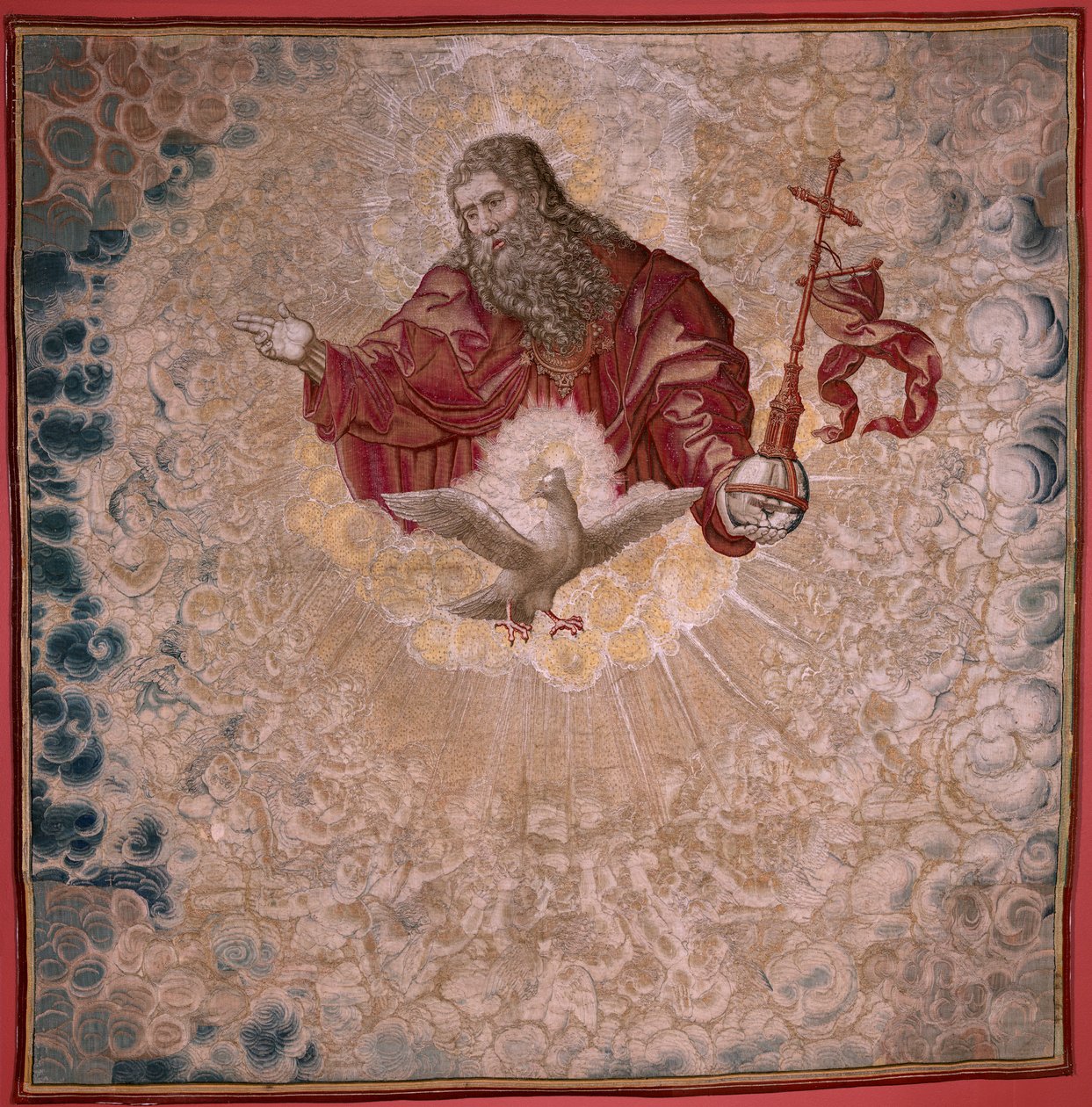 Vlámský gobelín. Série Dais of Charles V (Baldachýn Markéty Rakouské). Bůh Otec a Duch svatý (El Padre Eterno y el Espíritu Santo). Gobelínový baldachýn na pódiu. Model Bernard van Orley (1491-1542). Výrobce Pieter de Pannemaker, od Bernard van Orley