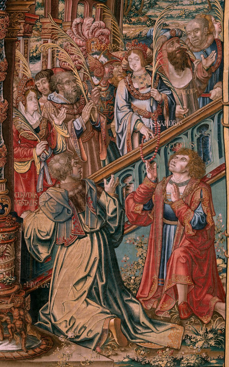 Vlámský gobelín. Seriál Vyznamenání. Víra (La Fe). První tapisérie v sérii. Modelové karikaturisty z okruhu Bernarda van Orleyho a Jana Gossaerta (Mabuse). Výroba Pieter van Aelst, Brusel. Cca 1550. Látka Zlato, stříbro, hedvábí a vlna. od Bernard van Orley