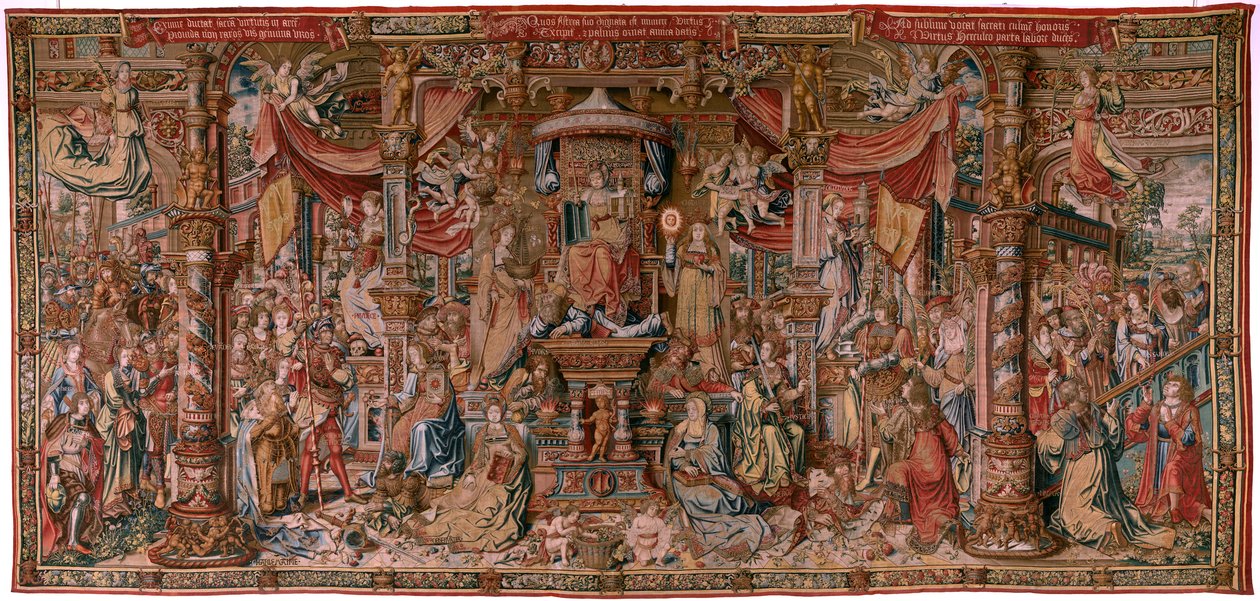 Vlámský gobelín. Seriál Vyznamenání. Víra (La Fe). První tapisérie v sérii. Modelové karikaturisty z okruhu Bernarda van Orleyho a Jana Gossaerta (Mabuse). Výroba Pieter van Aelst, Brusel. Cca 1550. Látka Zlato, stříbro, hedvábí a vlna. od Bernard van Orley